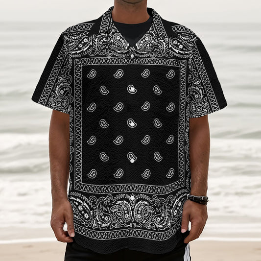 Black And White Paisley Bandana Print Textured Short Sleeve Shirt