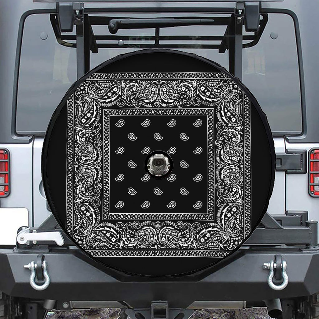 Black And White Paisley Bandana Print Tire Cover With Camera Hole