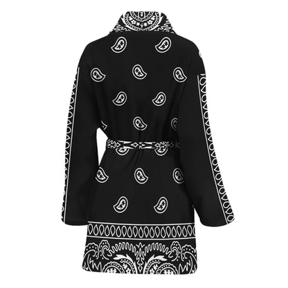 Black And White Paisley Bandana Print Women's Bathrobe