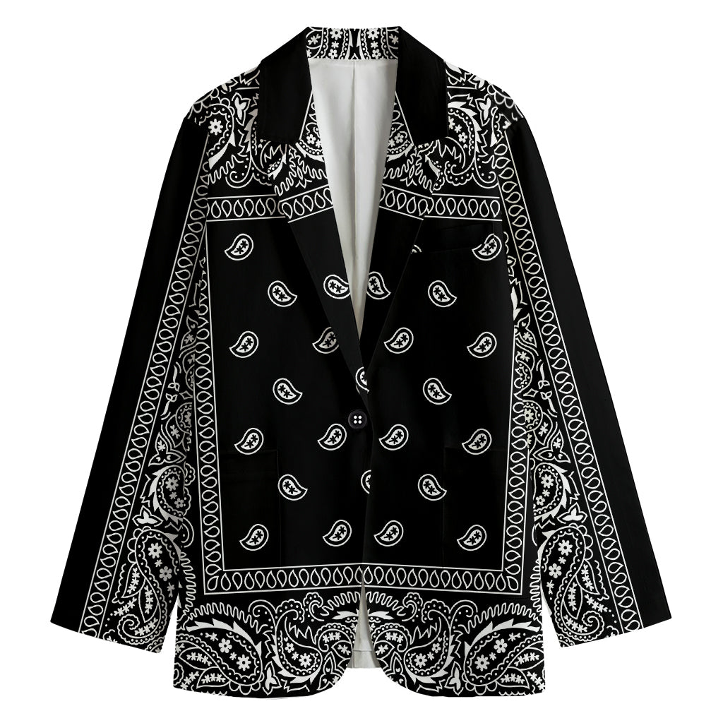 Black And White Paisley Bandana Print Women's Cotton Blazer