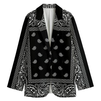 Black And White Paisley Bandana Print Women's Cotton Blazer