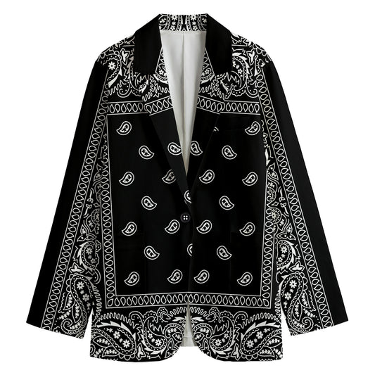 Black And White Paisley Bandana Print Women's Cotton Blazer