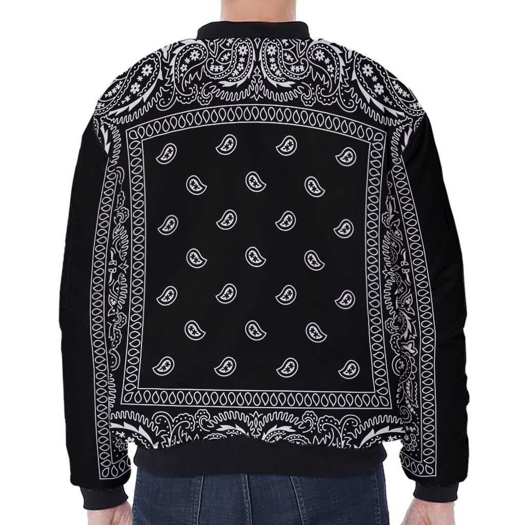 Black And White Paisley Bandana Print Zip Sleeve Bomber Jacket