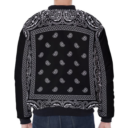 Black And White Paisley Bandana Print Zip Sleeve Bomber Jacket