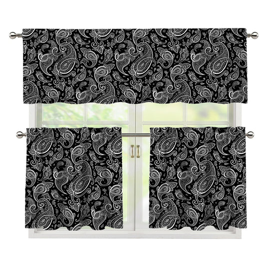 Black And White Paisley Pattern Print 3 Piece Kitchen Curtains