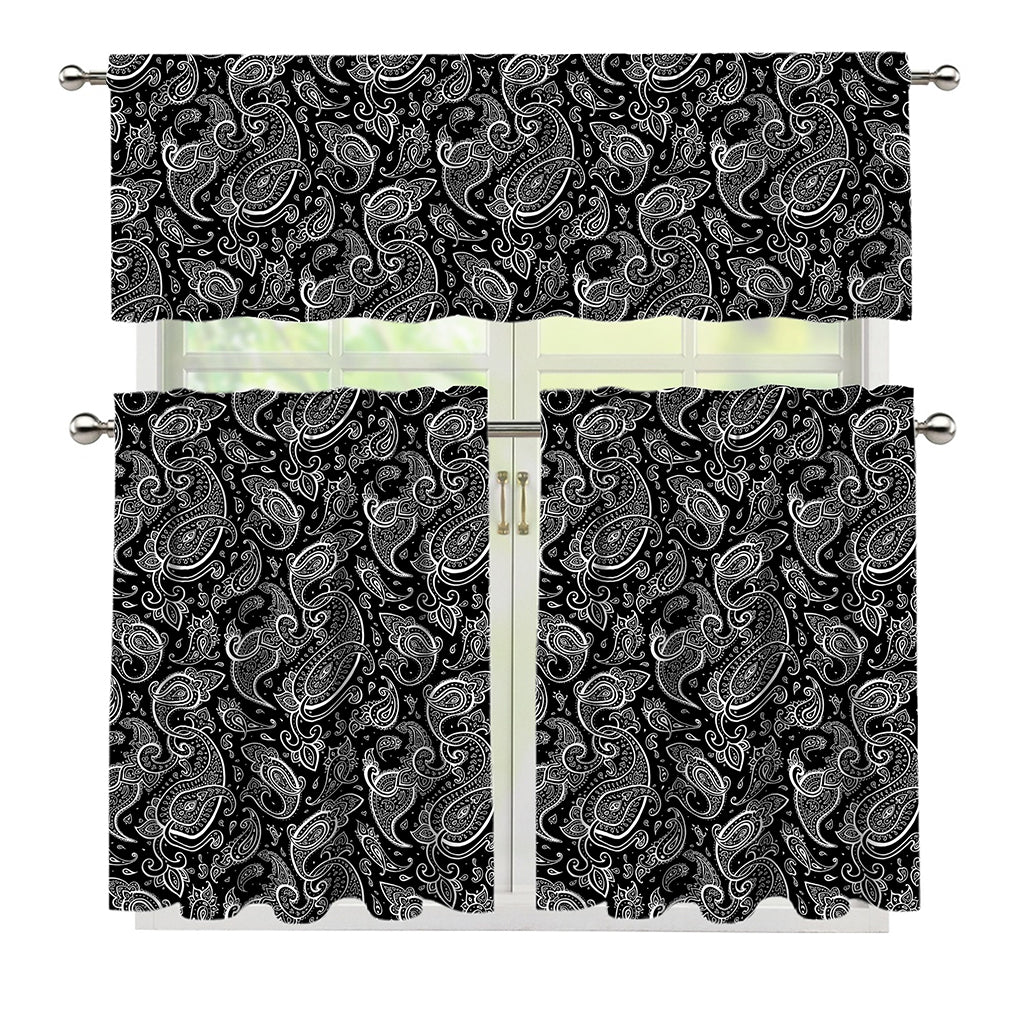 Black And White Paisley Pattern Print 3 Piece Kitchen Curtains