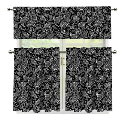 Black And White Paisley Pattern Print 3 Piece Kitchen Curtains