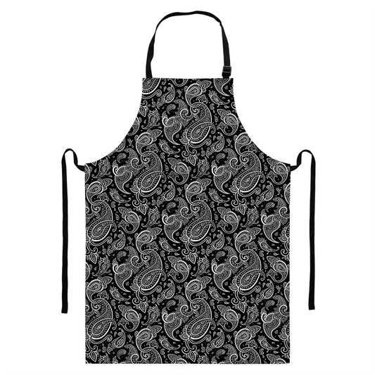 Black And White Paisley Pattern Print Bib Apron With Pocket