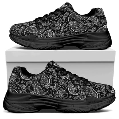 Black And White Paisley Pattern Print Black Chunky Shoes