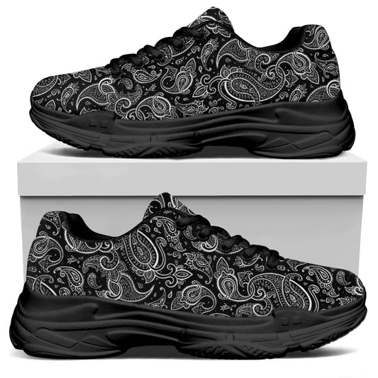 Black And White Paisley Pattern Print Black Chunky Shoes
