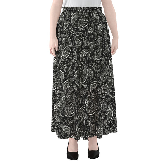Black And White Paisley Pattern Print Chiffon Maxi Skirt