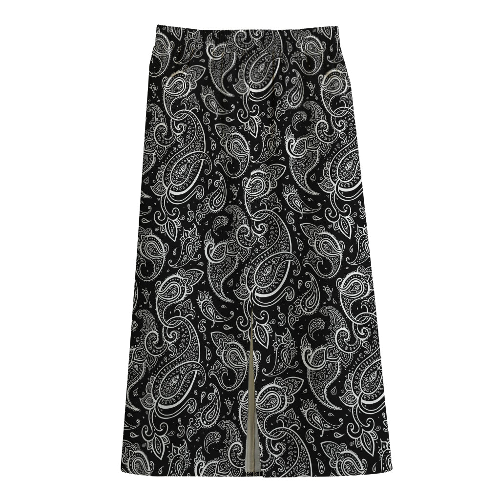 Black And White Paisley Pattern Print Cotton Front Slit Maxi Skirt