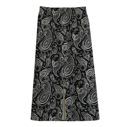 Black And White Paisley Pattern Print Cotton Front Slit Maxi Skirt