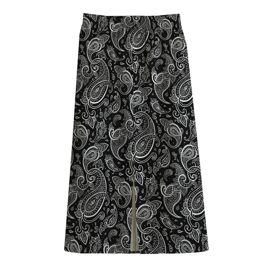 Black And White Paisley Pattern Print Cotton Front Slit Maxi Skirt