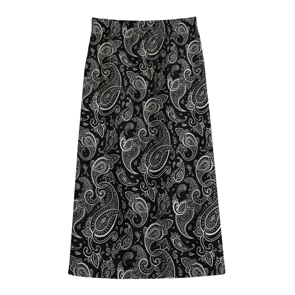 Black And White Paisley Pattern Print Cotton Front Slit Maxi Skirt