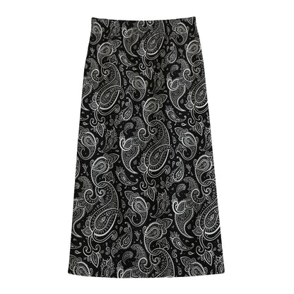 Black And White Paisley Pattern Print Cotton Front Slit Maxi Skirt