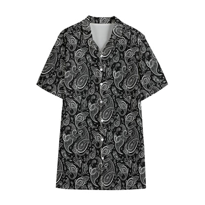 Black And White Paisley Pattern Print Cotton Hawaiian Shirt