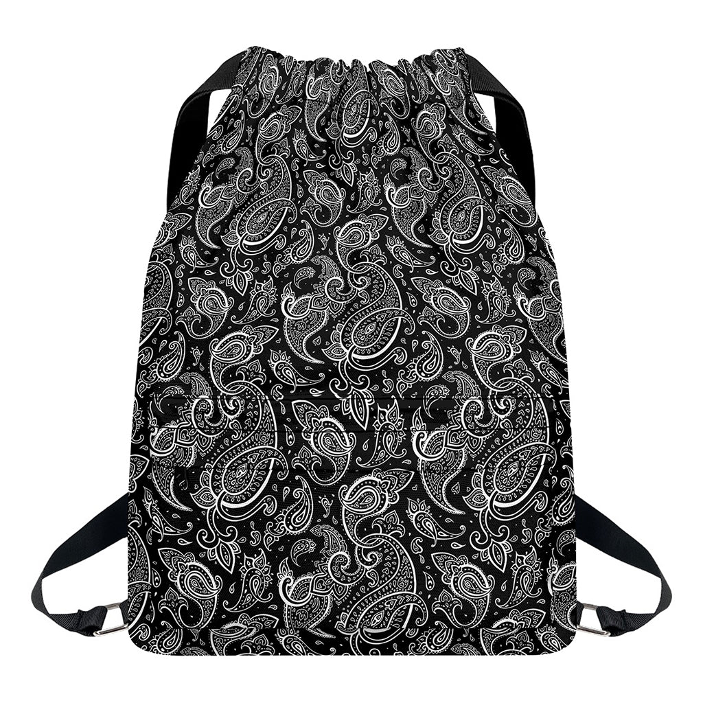 Black And White Paisley Pattern Print Drawstring Backpack