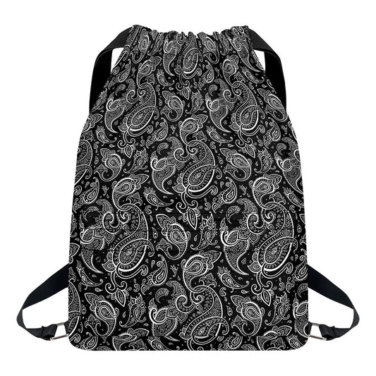 Black And White Paisley Pattern Print Drawstring Backpack