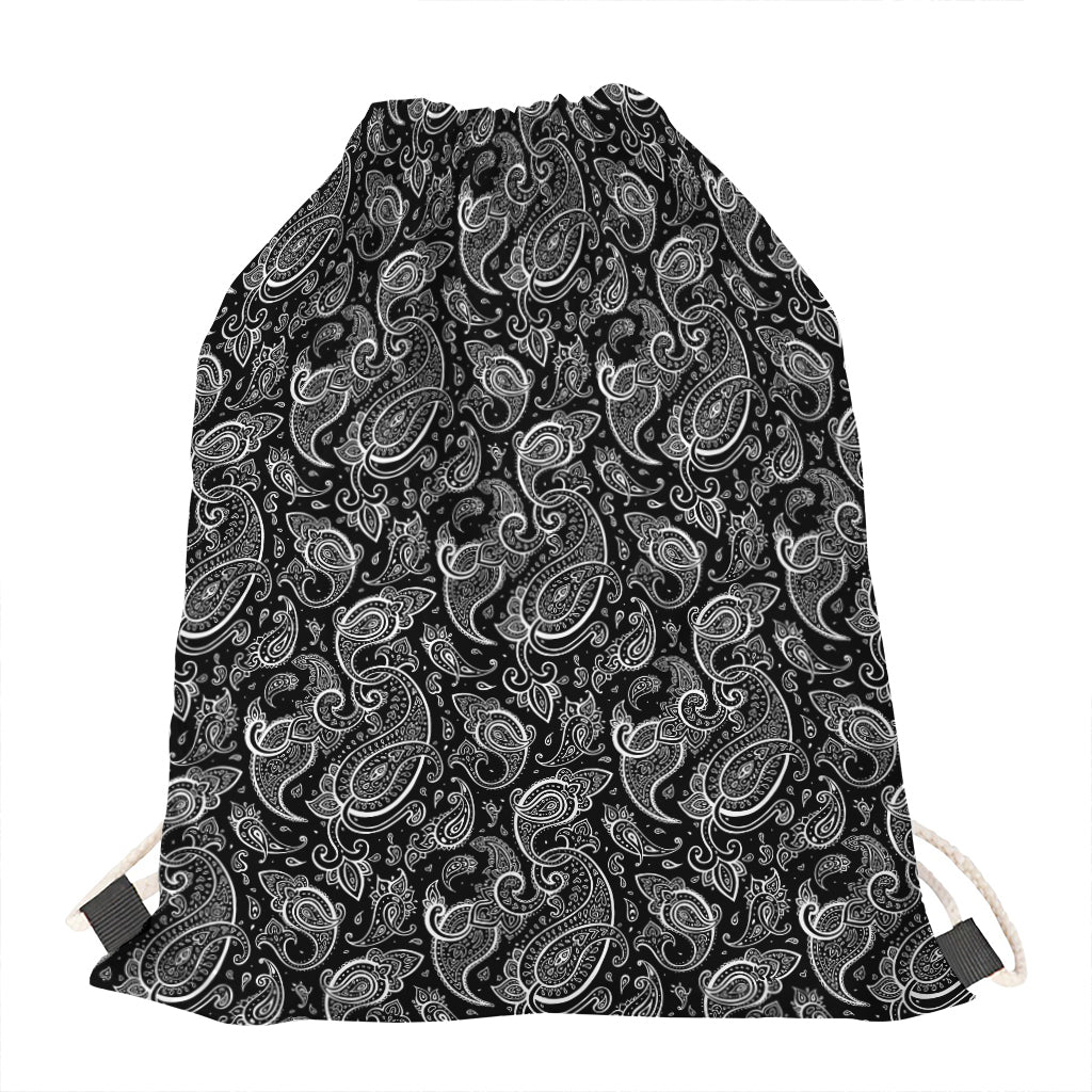 Black And White Paisley Pattern Print Drawstring Bag