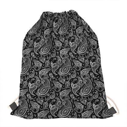 Black And White Paisley Pattern Print Drawstring Bag