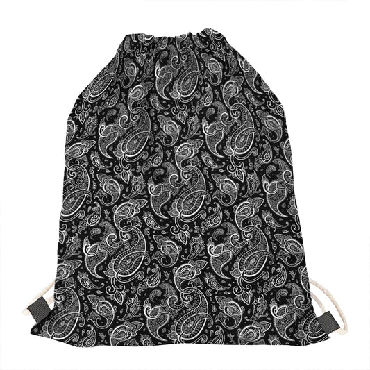 Black And White Paisley Pattern Print Drawstring Bag