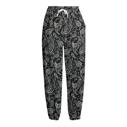 Black And White Paisley Pattern Print Fleece Lined Knit Pants