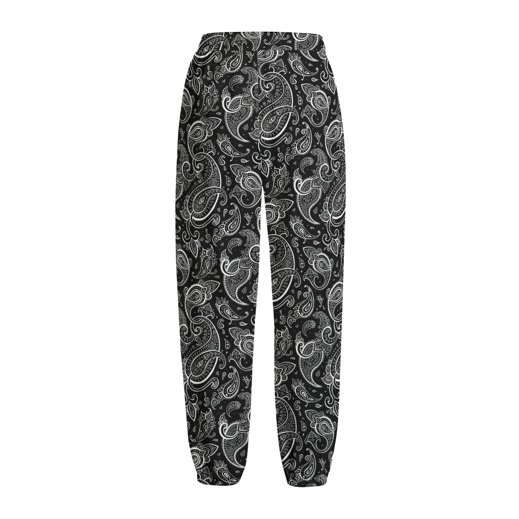 Black And White Paisley Pattern Print Fleece Lined Knit Pants