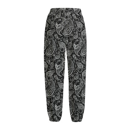 Black And White Paisley Pattern Print Fleece Lined Knit Pants