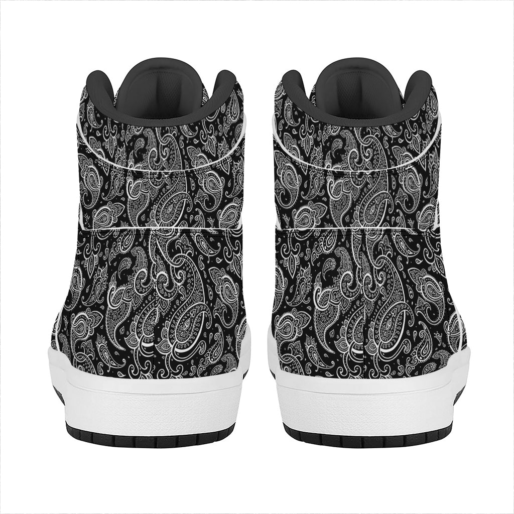 Black And White Paisley Pattern Print High Top Leather Sneakers