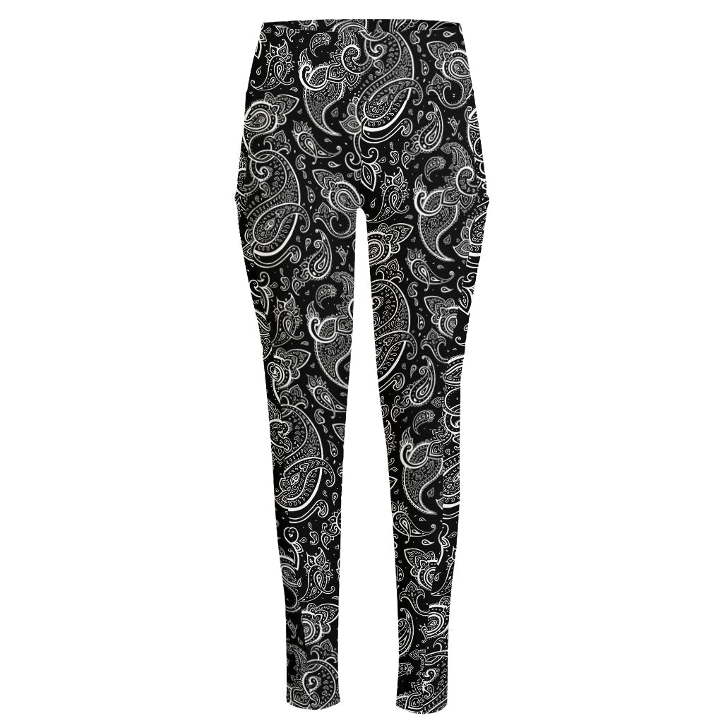 Black And White Paisley Pattern Print High-Waisted Pocket Leggings