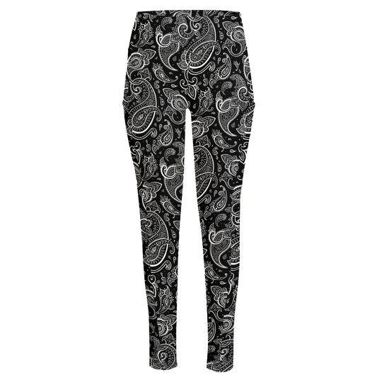 Black And White Paisley Pattern Print High-Waisted Pocket Leggings