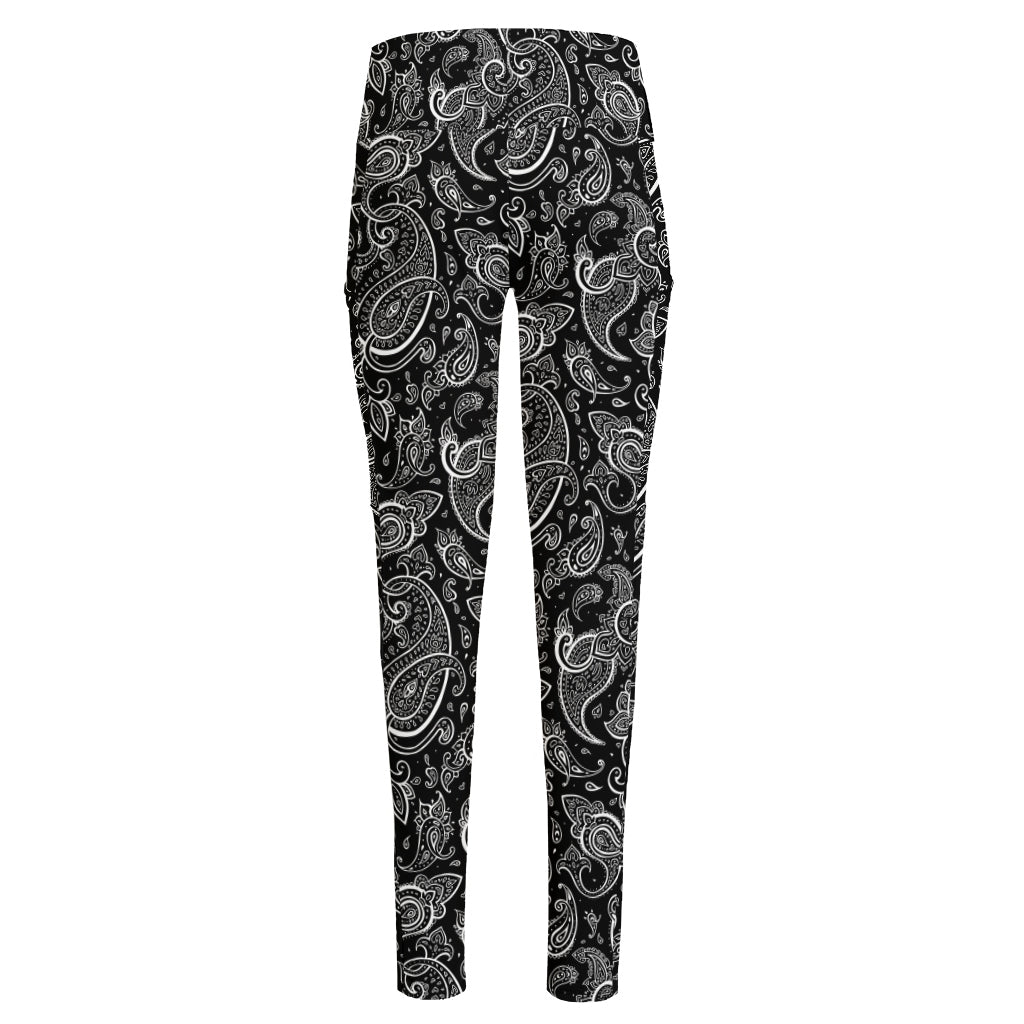Black And White Paisley Pattern Print High-Waisted Pocket Leggings