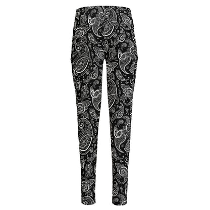 Black And White Paisley Pattern Print High-Waisted Pocket Leggings