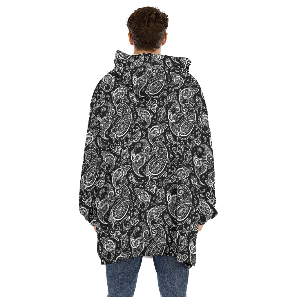 Black And White Paisley Pattern Print Hoodie Blanket