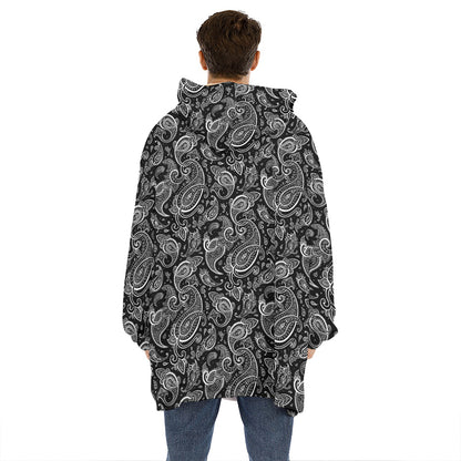 Black And White Paisley Pattern Print Hoodie Blanket