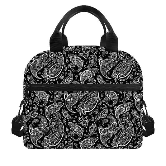Black And White Paisley Pattern Print Insulated Lunch Bag