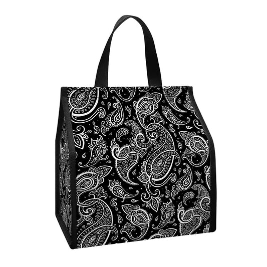 Black And White Paisley Pattern Print Insulated Lunch Tote