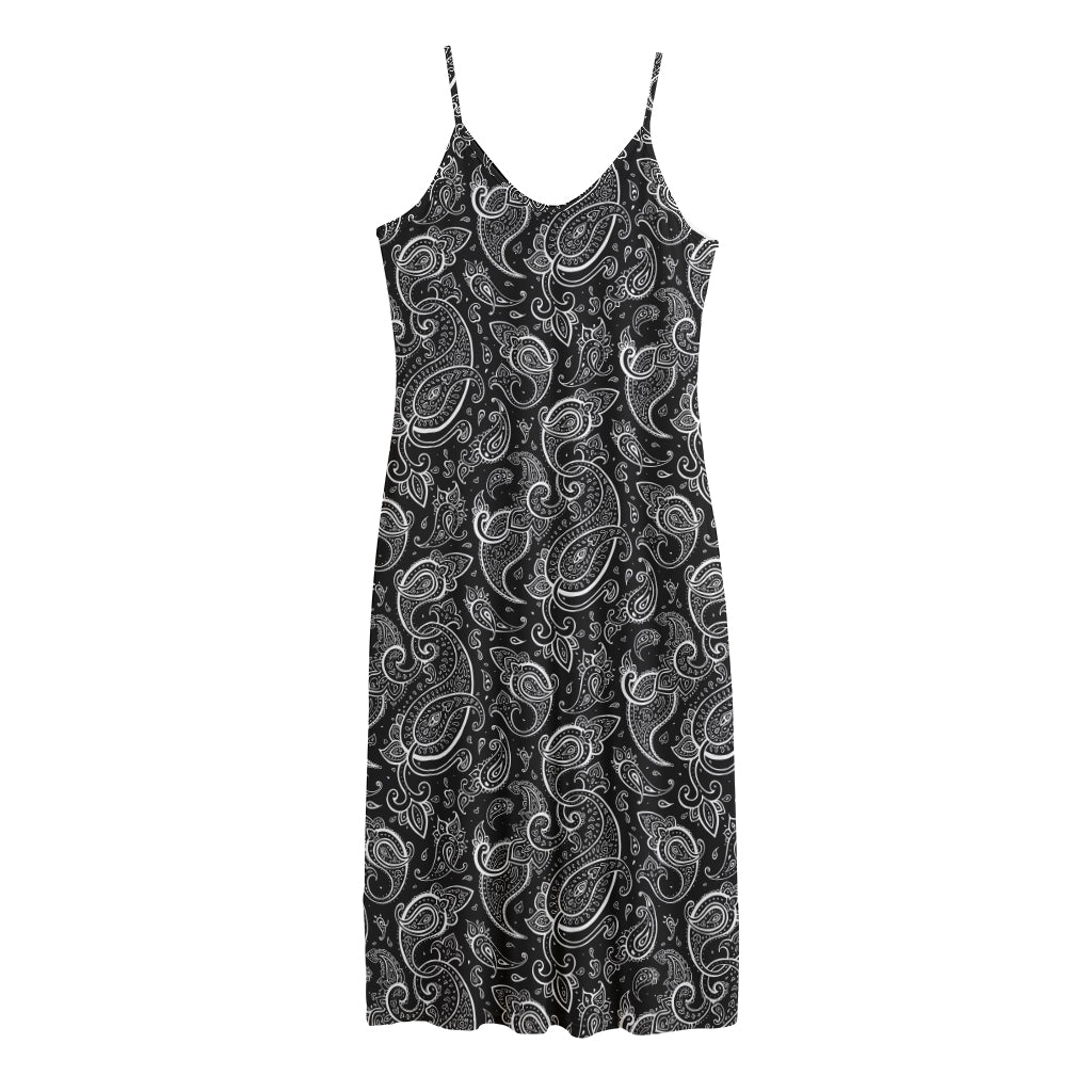 Black And White Paisley Pattern Print Jersey Midi Cami Dress