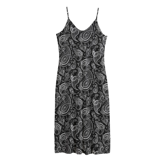 Black And White Paisley Pattern Print Jersey Midi Cami Dress