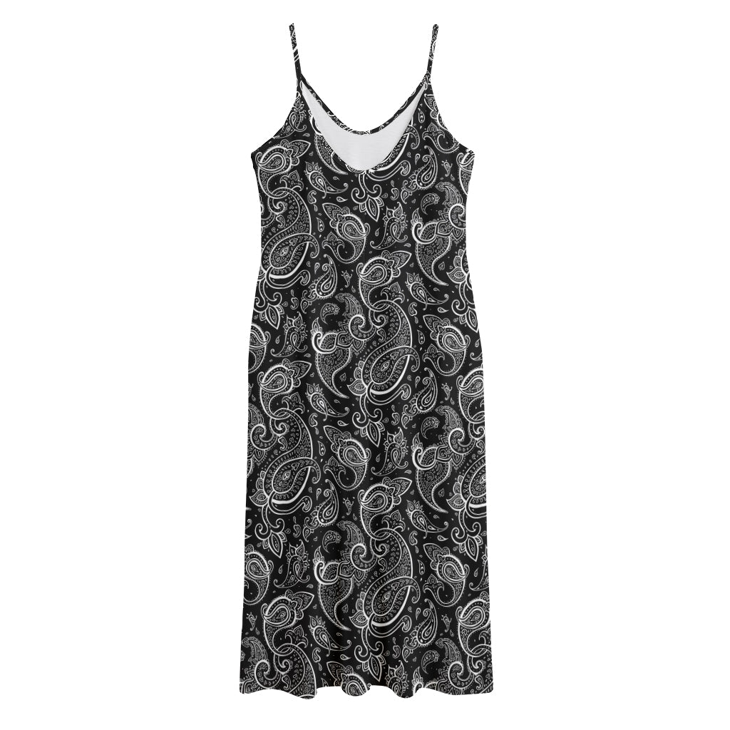 Black And White Paisley Pattern Print Jersey Midi Cami Dress