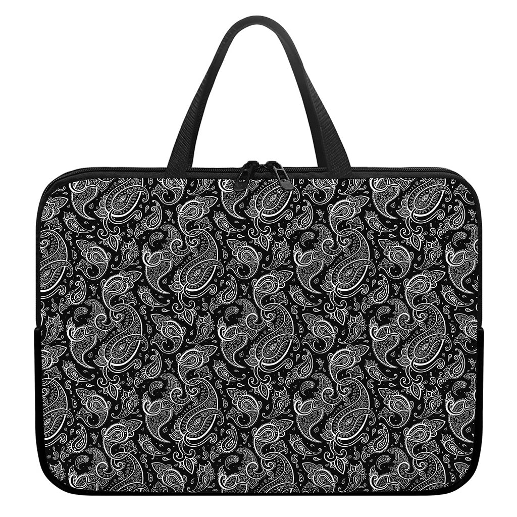 Black And White Paisley Pattern Print Laptop Sleeve With Handle