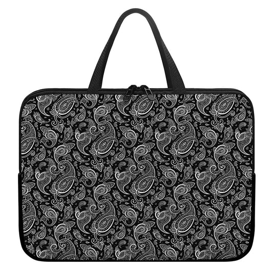 Black And White Paisley Pattern Print Laptop Sleeve With Handle