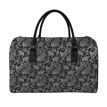 Black And White Paisley Pattern Print Leather Duffle Bag