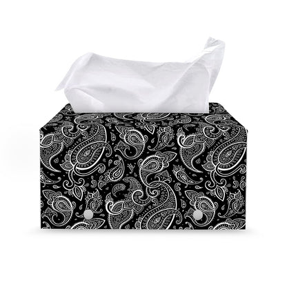 Black And White Paisley Pattern Print Leather Tissue Box Cover
