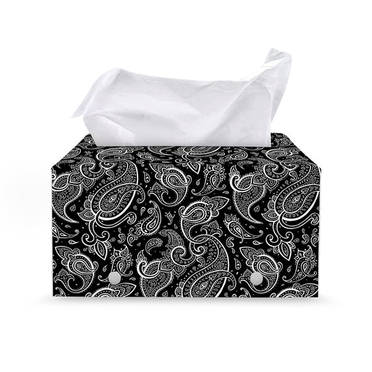 Black And White Paisley Pattern Print Leather Tissue Box Cover