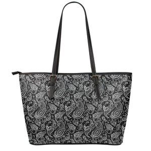 Black And White Paisley Pattern Print Leather Tote Bag