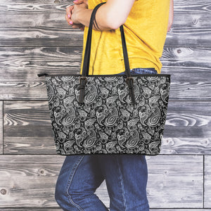 Black And White Paisley Pattern Print Leather Tote Bag