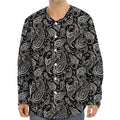 Black And White Paisley Pattern Print Long Sleeve Baseball Jersey