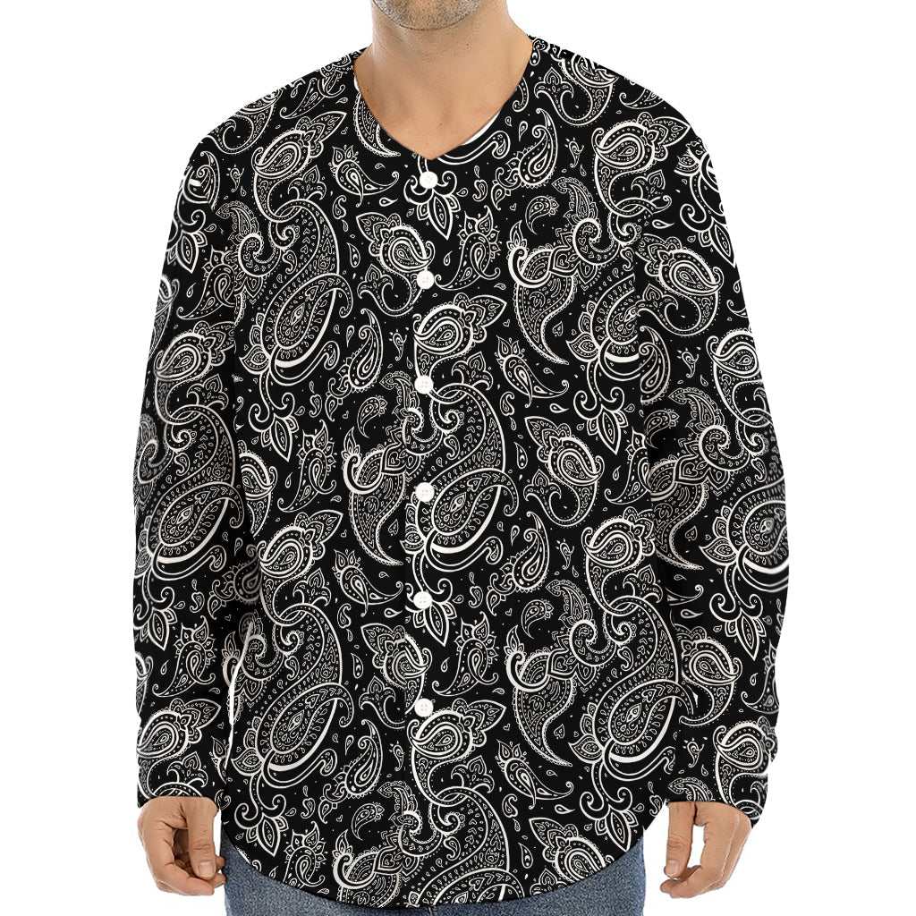 Black And White Paisley Pattern Print Long Sleeve Baseball Jersey